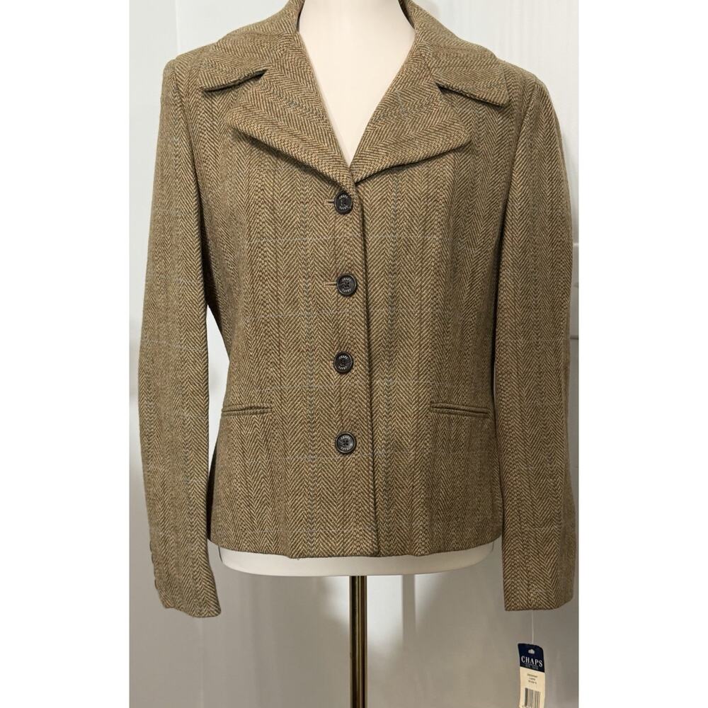 NEW Vintage CHAPS Women's Wool Classic Houndstooth Tan Blazer Size Large L